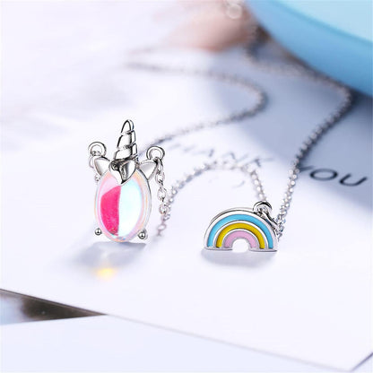 Moonstone & Enamel Silvertone Rainbow Unicorn Pendant Necklace