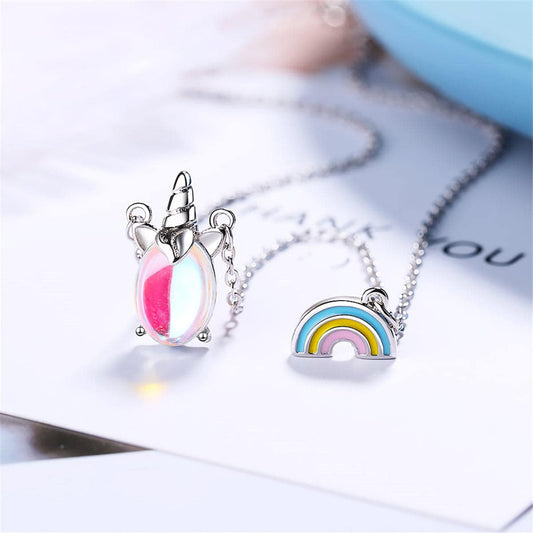 Moonstone & Enamel Silvertone Rainbow Unicorn Pendant Necklace