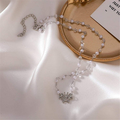 Cubic Zirconia & Pearl Silvertone Butterfly Station Pendant Necklace