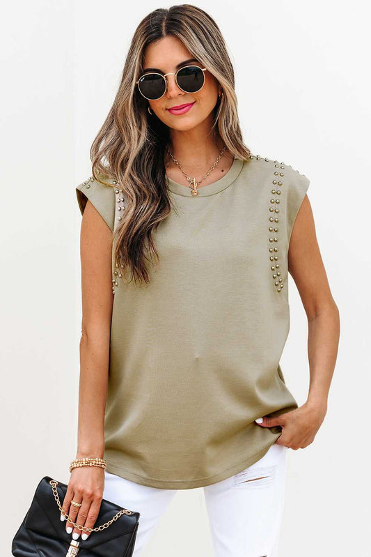 Threaded Pear Julietta Studded Cap Sleeve Round Neck Top