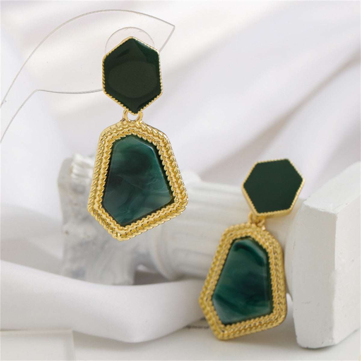 Green Shell & Goldtone Polygon Drop Earrings