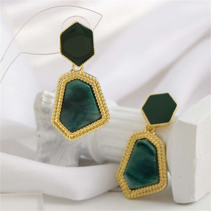Green Shell & Goldtone Polygon Drop Earrings