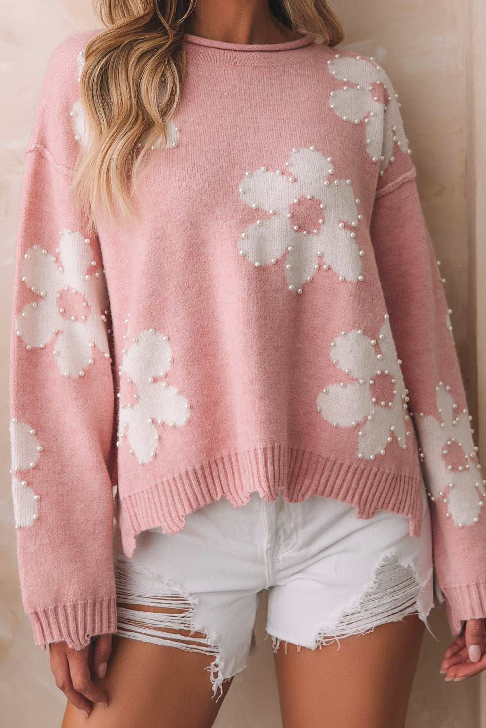 Jaycee Pearl Beaded Floral Drop Shoulder Sweater - Pink / M - 8/10
