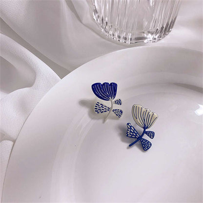 Blue & Silvertone Flower Stud Earrings