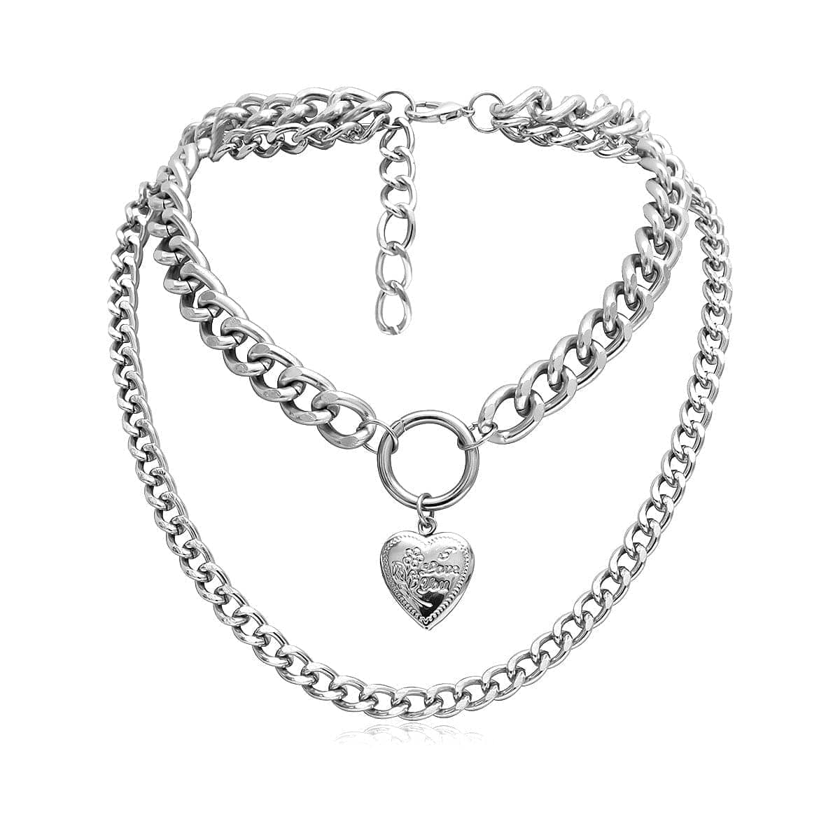 Silvertone Heart Figaro Layered Pendant Necklace