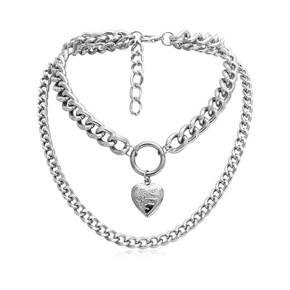 Silvertone Heart Figaro Layered Pendant Necklace