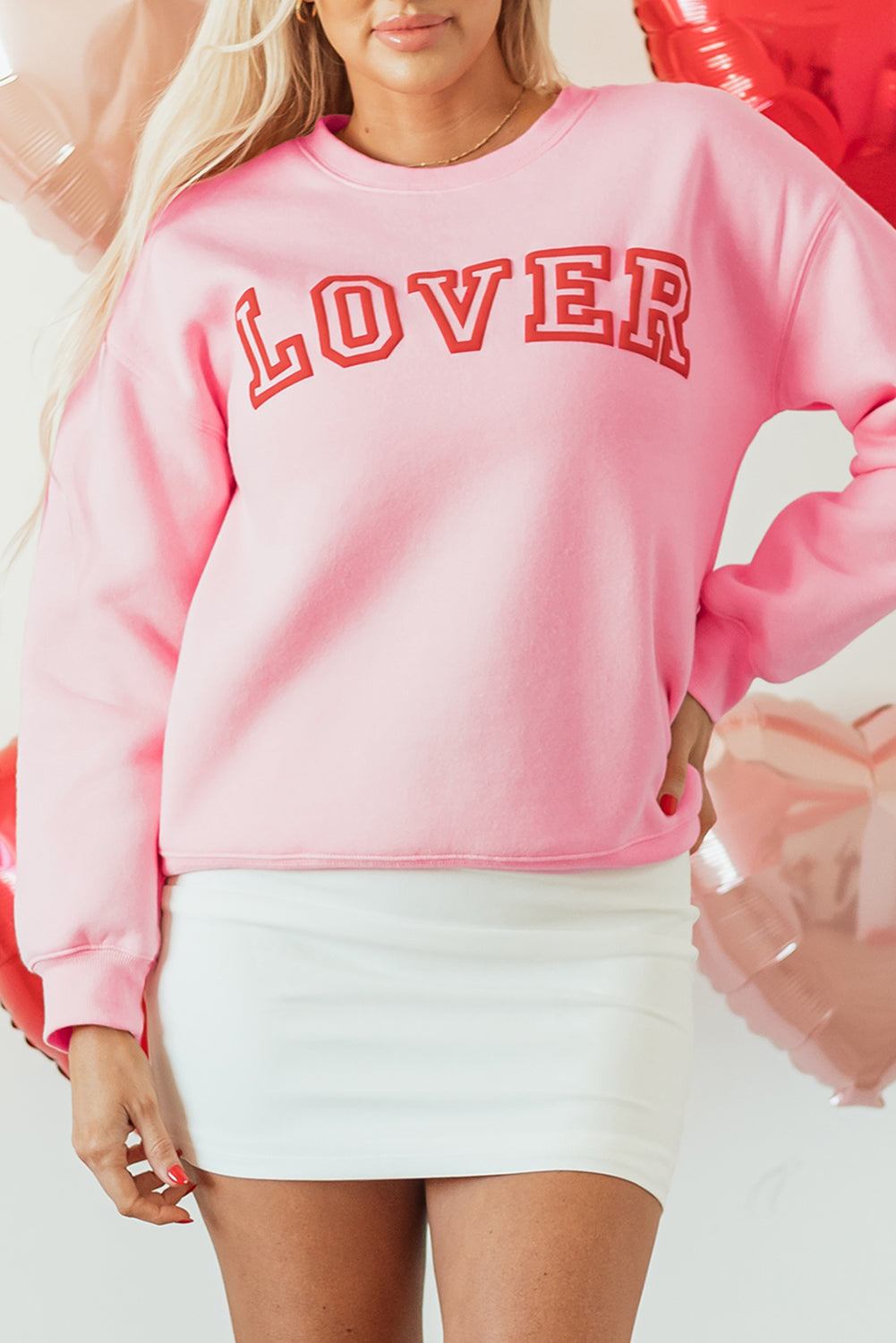 Raya LOVER Puff Print Drop Shoulder Pullover Sweatshirt - Pink / S - 4/6