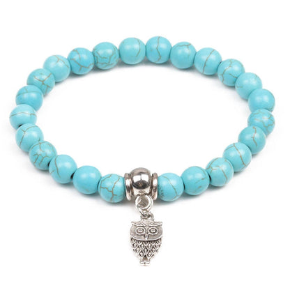 Blue Turquoise & Silvertone Owl Charm Stretch Bracelet