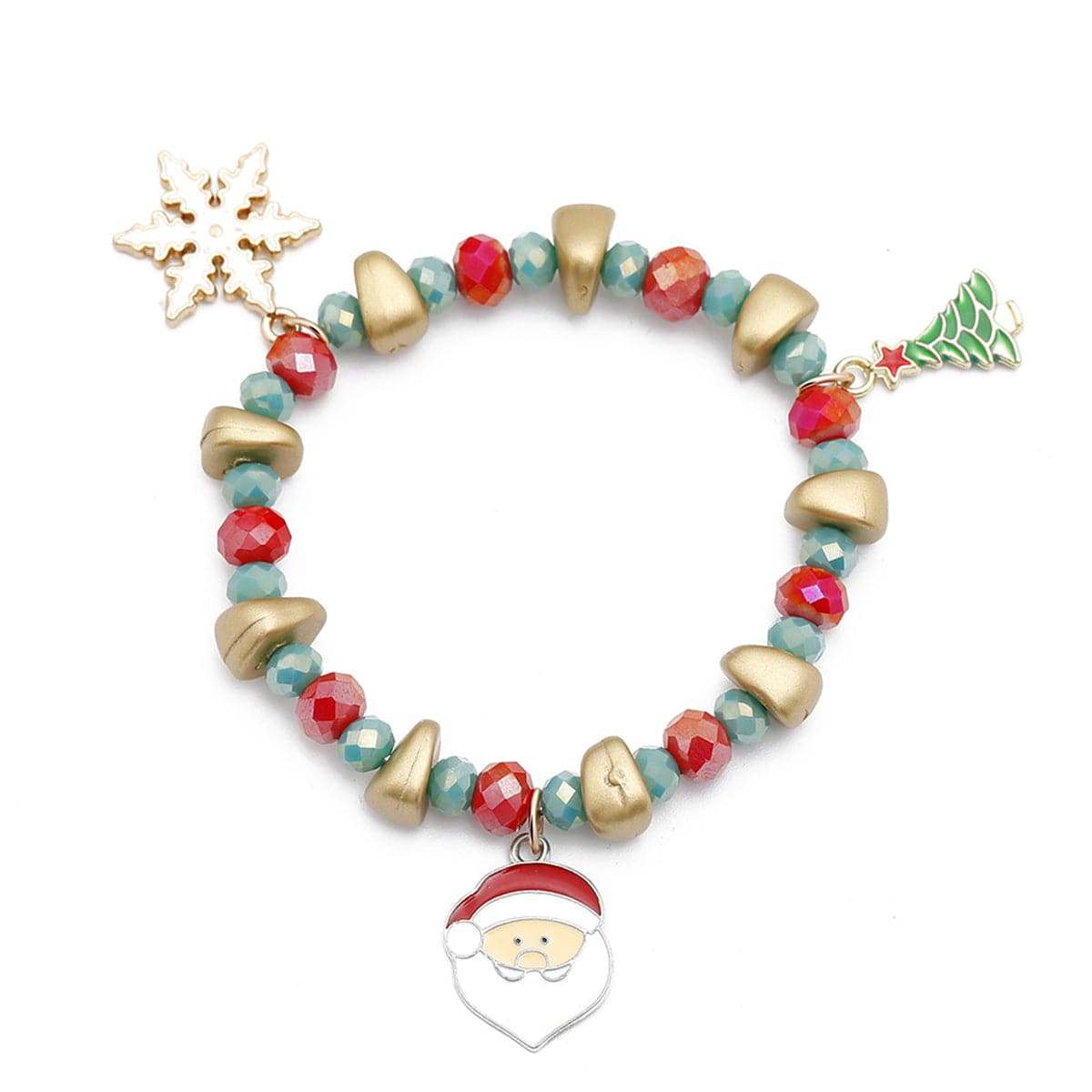 Green Acryllic & Enamel Goldtone Snowflake Santa Stretch Charm Bracelet