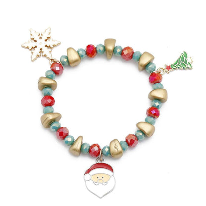 Green Acryllic & Enamel Goldtone Snowflake Santa Stretch Charm Bracelet