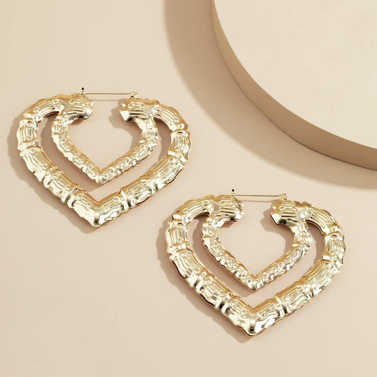 Goldtone Bamboo Layered Heart Hoop Earrings