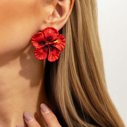 Red Enamel Flower Stud Earrings