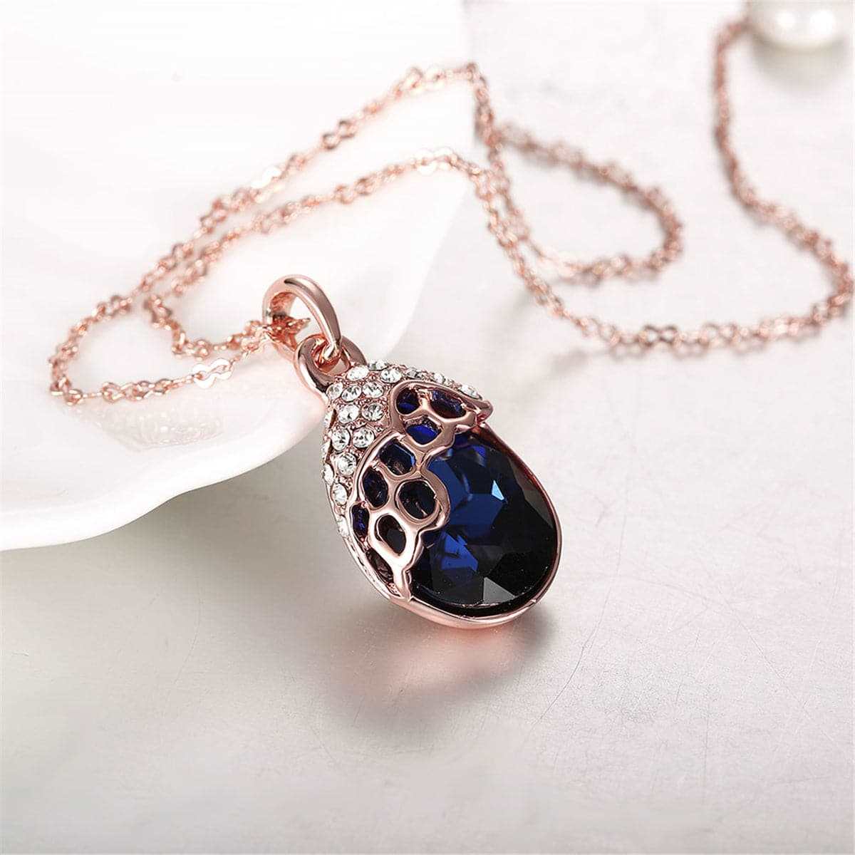 Blue Cubic Zirconia & Rose Goldtone Teardrop Pendant Necklace