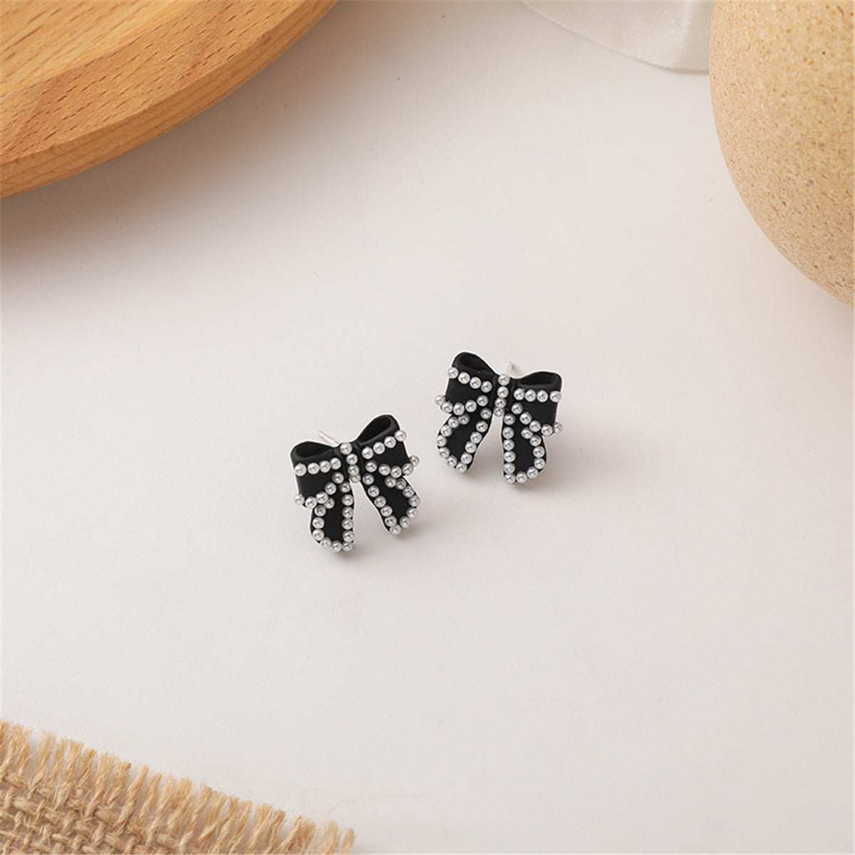 Pearl & Black Enamel Silvertone Bow Stud Earrings
