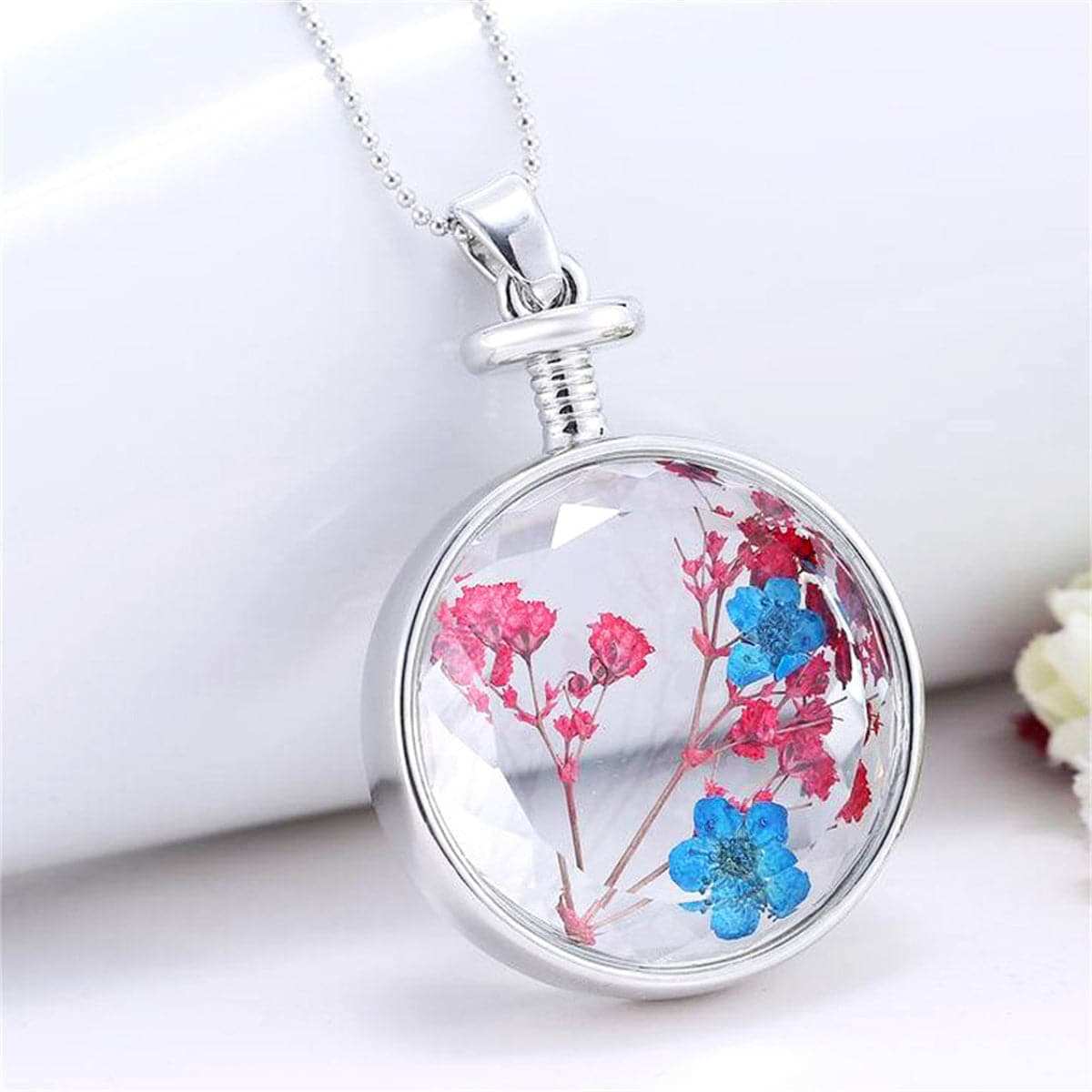 Purple & Red Pressed Peach Flower Round Pendant Necklace