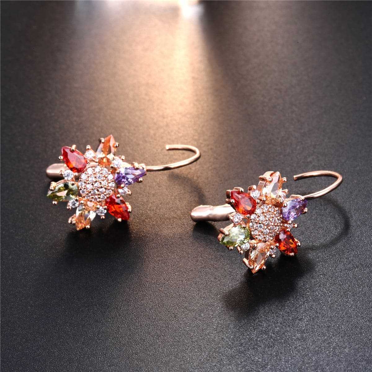Red Cubic Zirconia & Rose Goldtone Flower Huggie Earrings