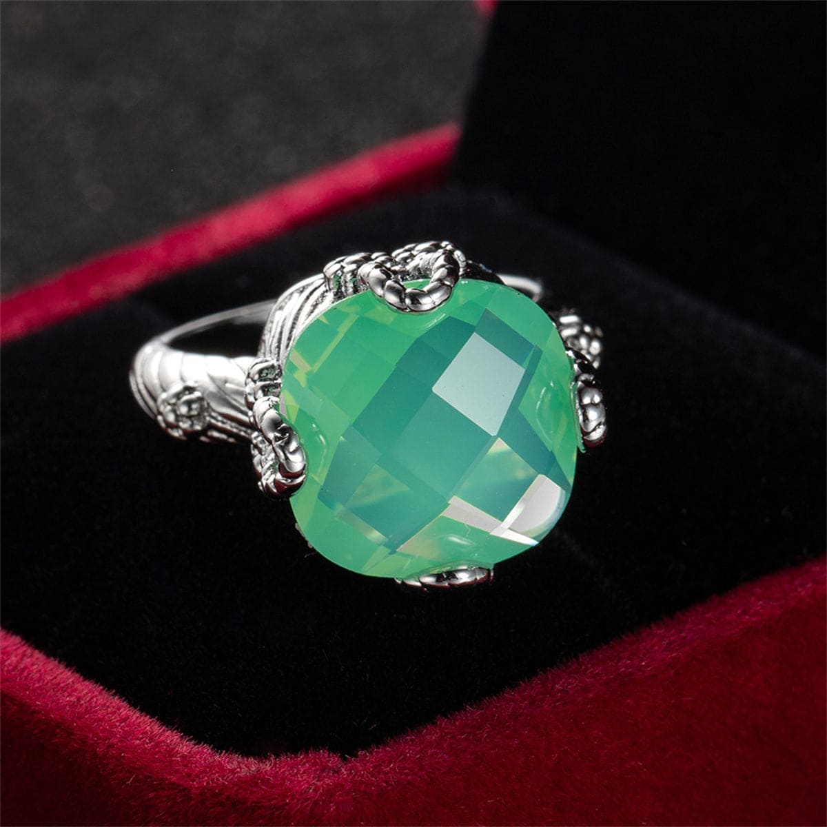 Green Crystal & Silvertone Ring-4