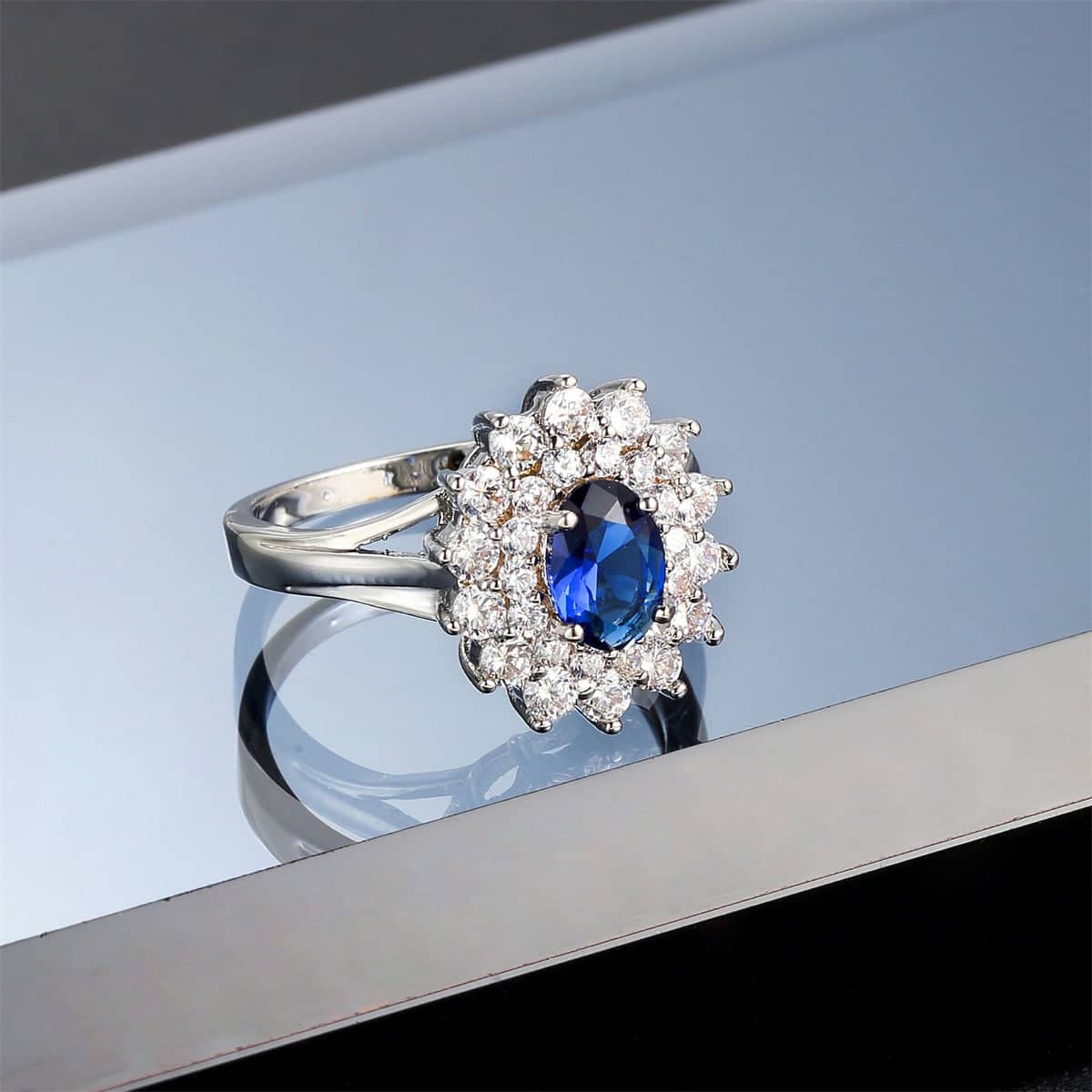 Cubic Zirconia & Navy Crystal Flower Halo Ring-7