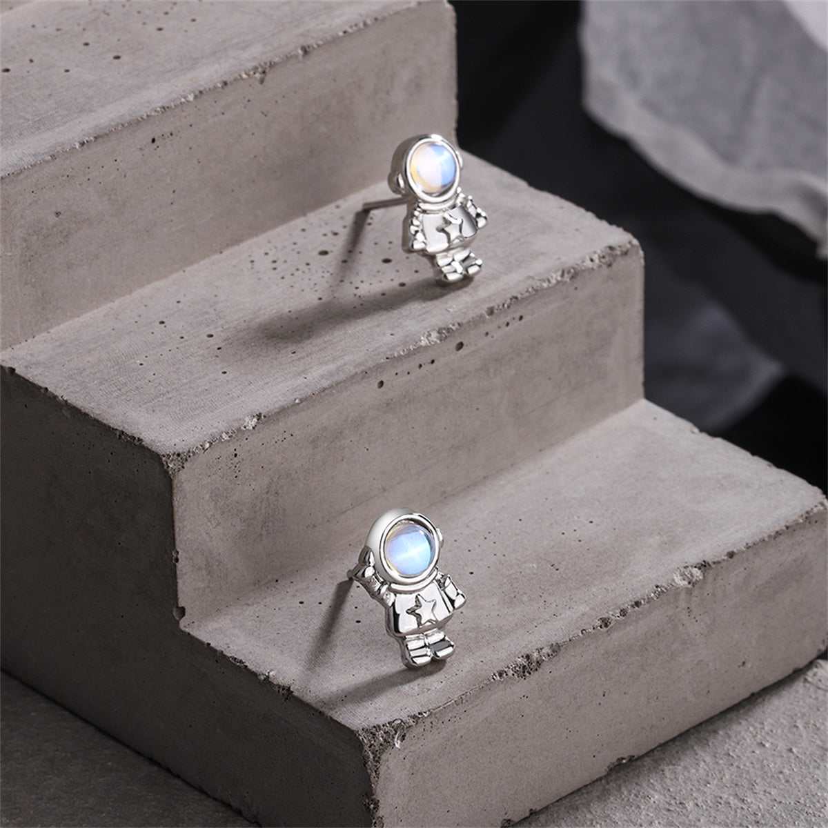 Moonstone & Silvertone Astronaut Stud Earrings