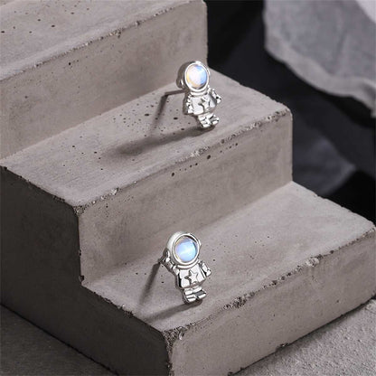 Moonstone & Silvertone Astronaut Stud Earrings