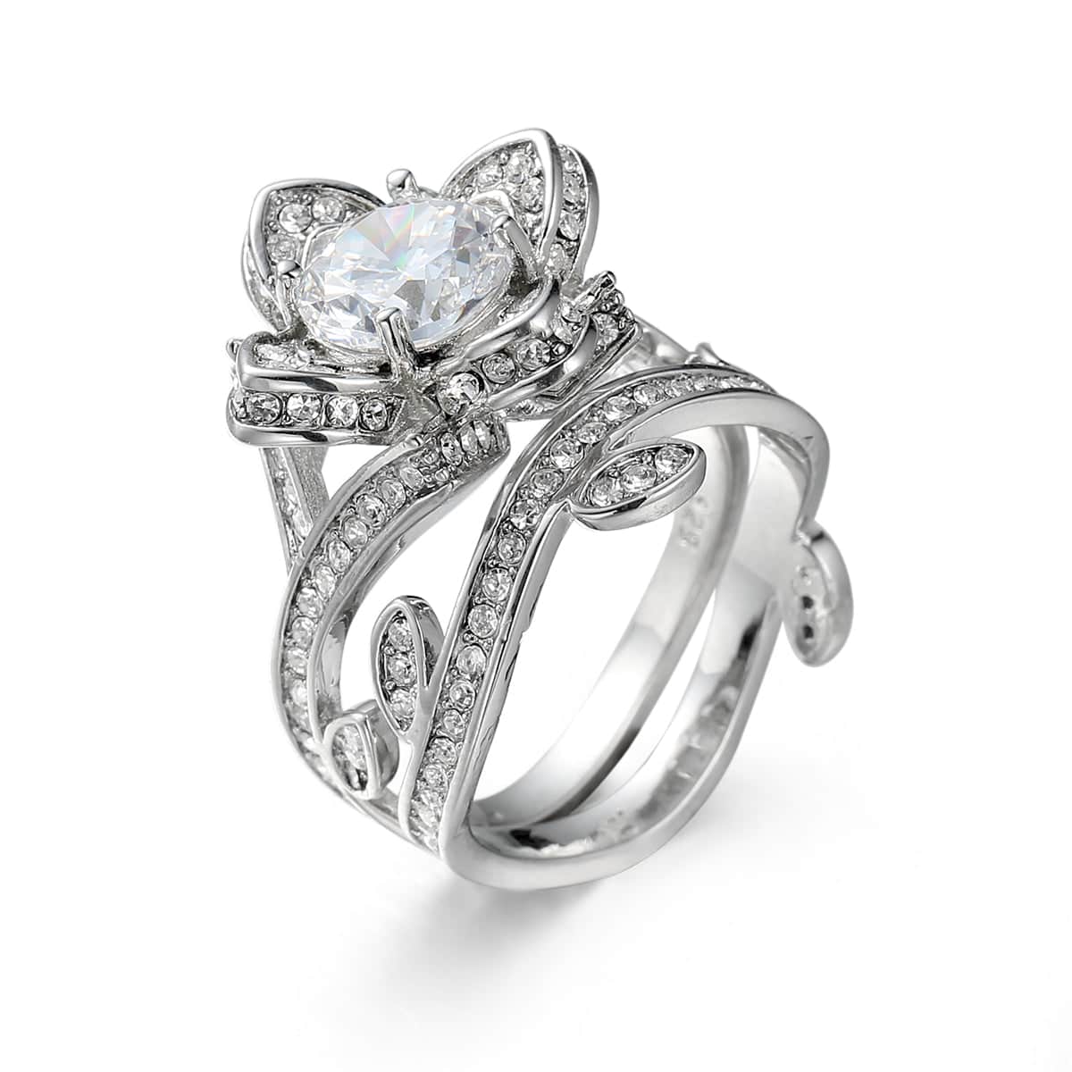 Crystal & Cubic Zirconia Silvertone Flower Ring Set-1