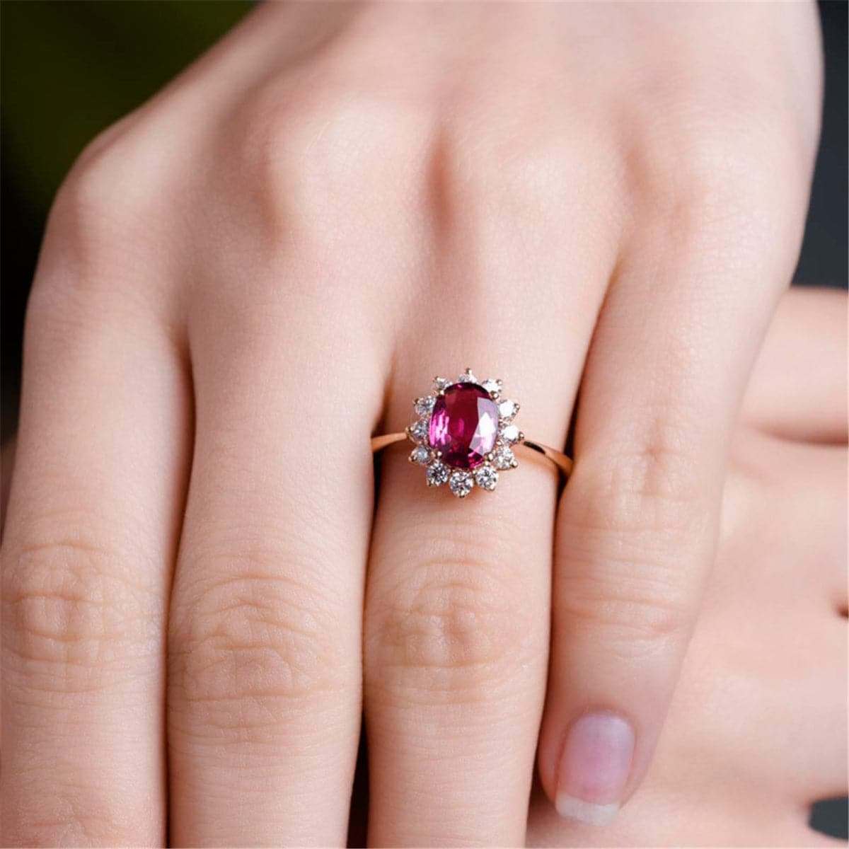 Red Crystal & Cubic Zirconia Floral Edge Adjustable Ring