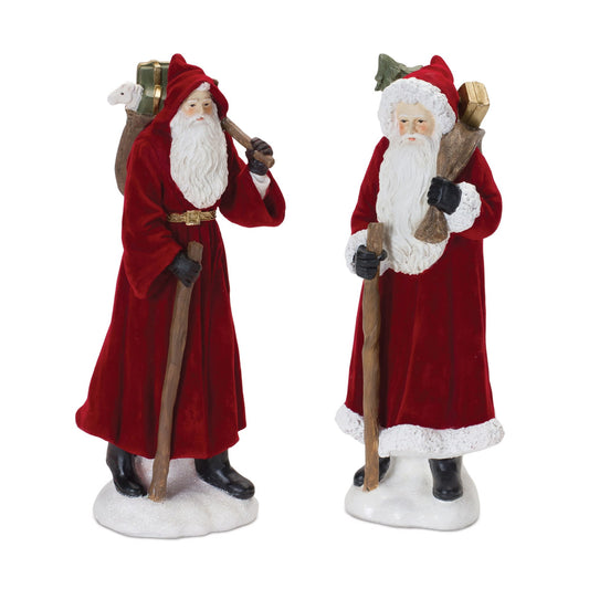 Melrose International Flocked Santa Figurine with Hood and Staff (Set of 2)