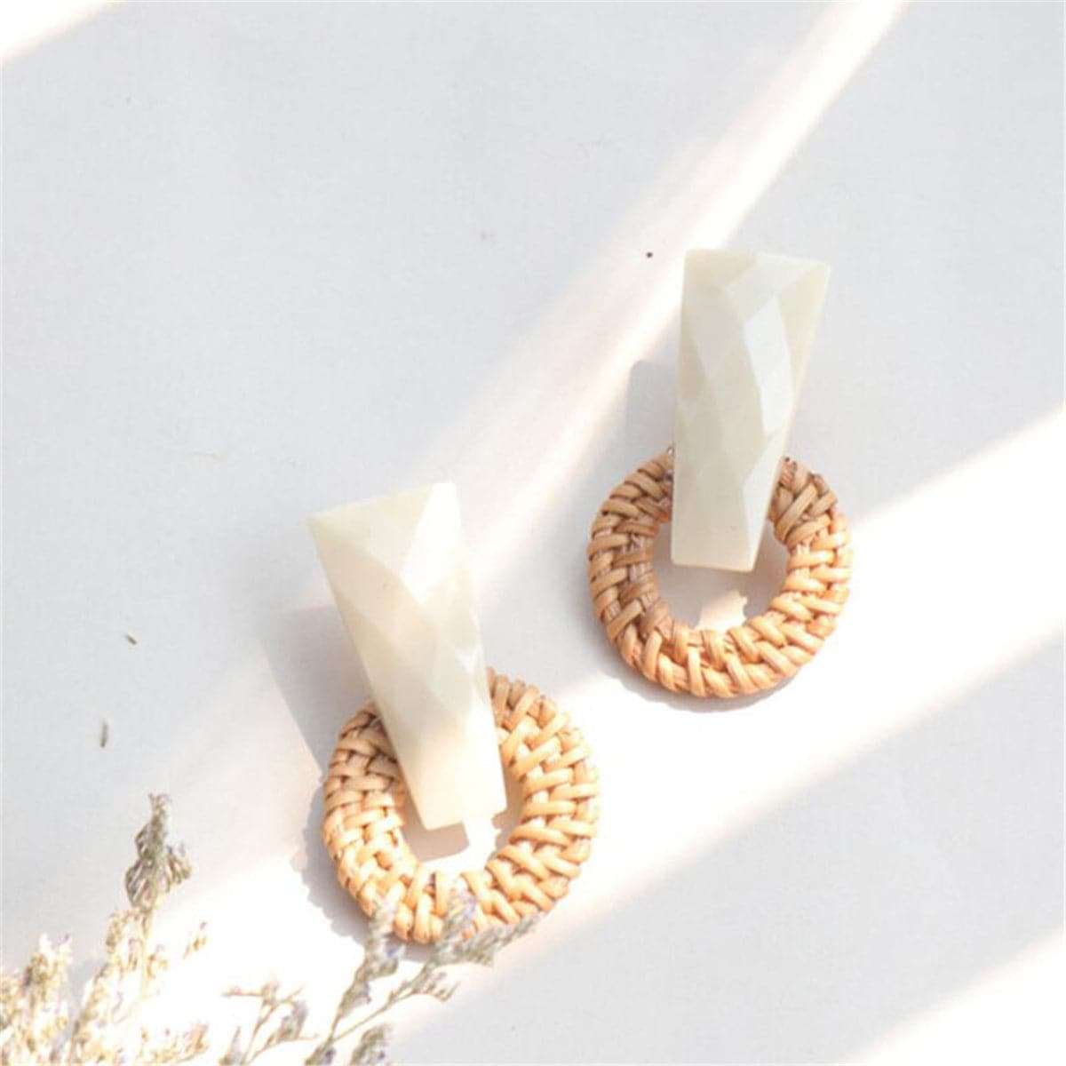 Pink & Rattan Open Circle Drop Earrings