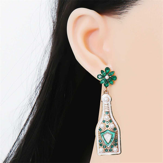 Green Crystal & Pearl Goldtone Shield Bottle Drop Earrings