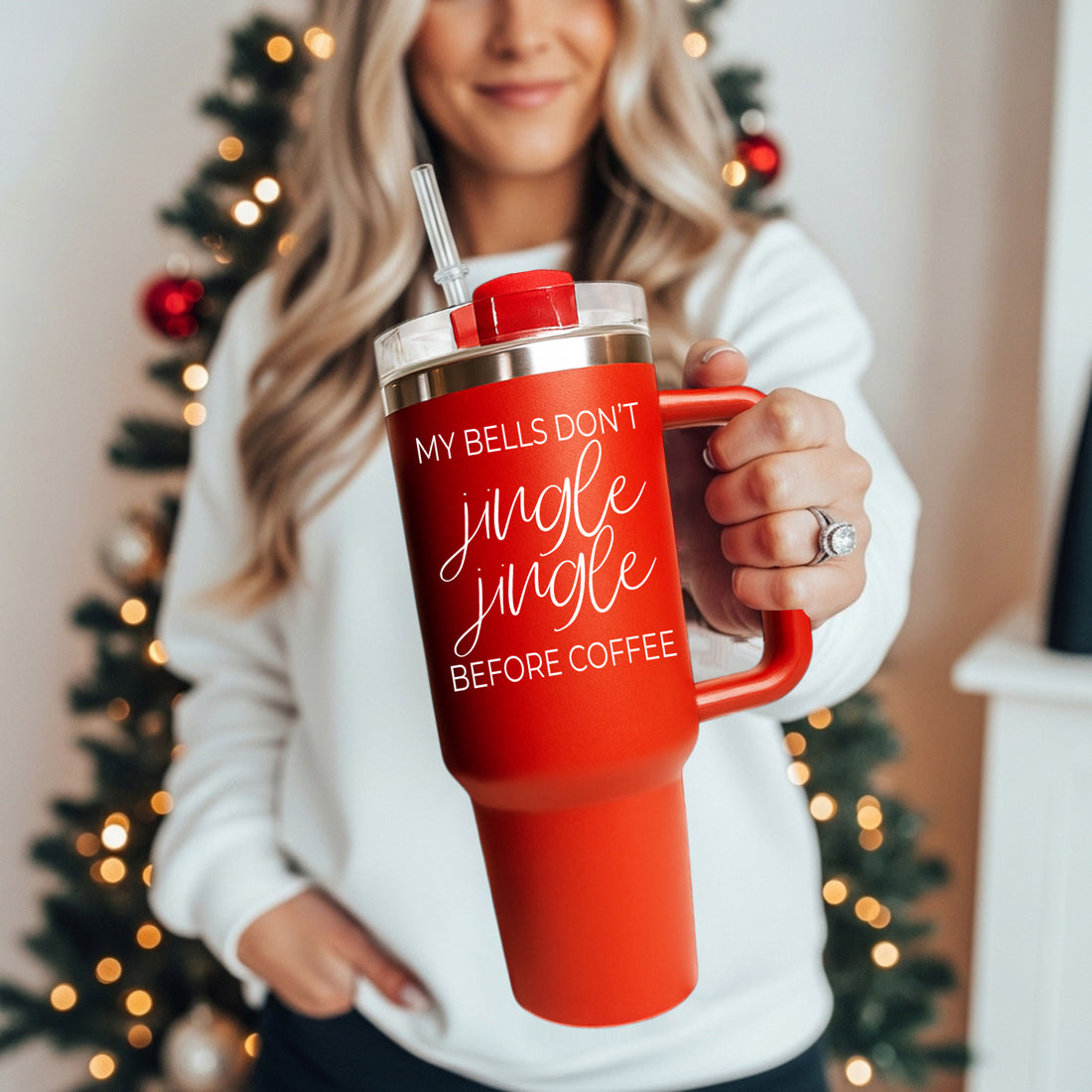 Holiday beverage tumbler red with funny quotes
Christmas hot chocolate tumbler humor
Funny Coffee Christmas Quotes on a Large 40oz Red Tumbler, that reads "My Bells don't Jingle Jingle before coffee"