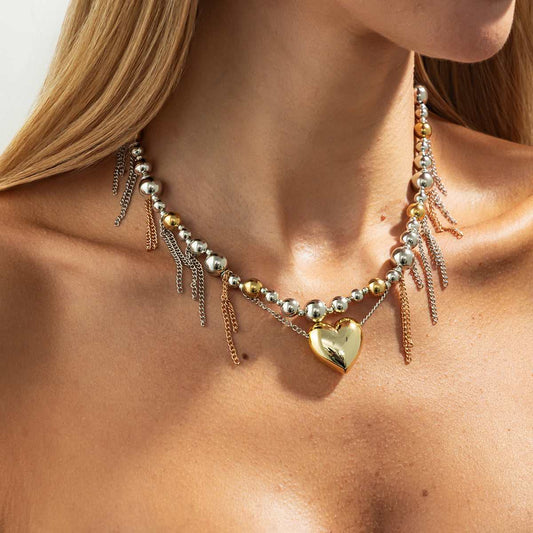 Two Tone Beaded Chain Heart Pendant Layered Necklace