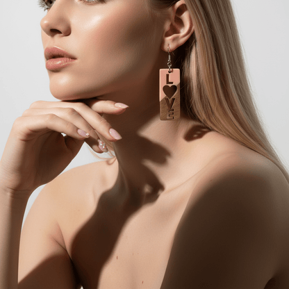 Pink Resin & Wood Silvertone 'Love' Hook Earrings