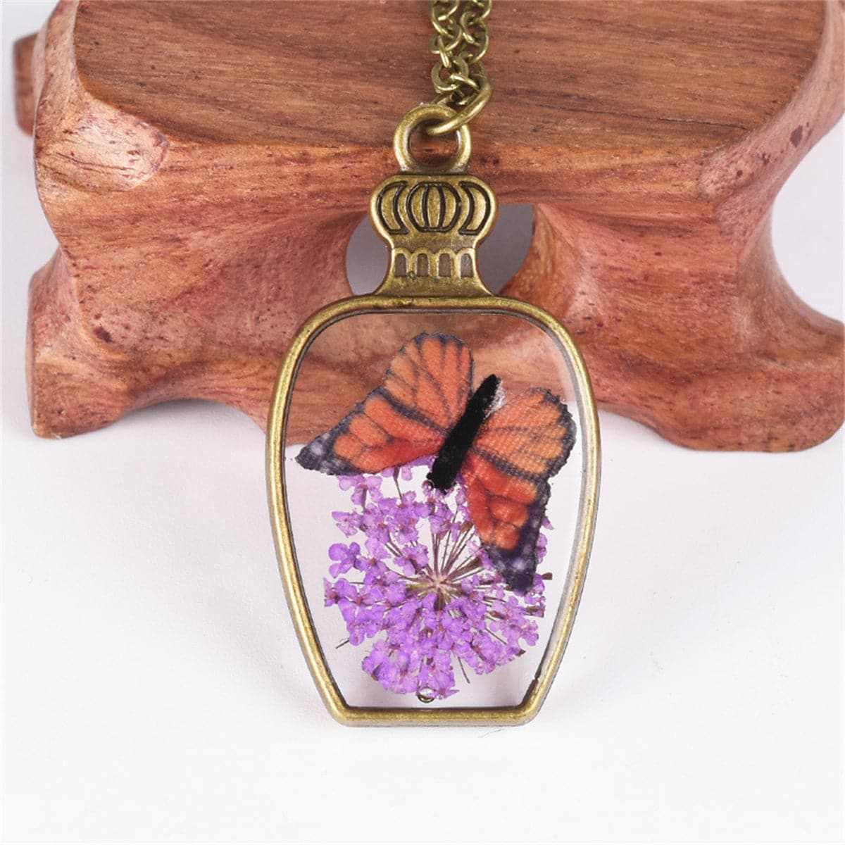 Red Gypsophila & Goldtone Blue Butterfly Vase Pendant Necklace