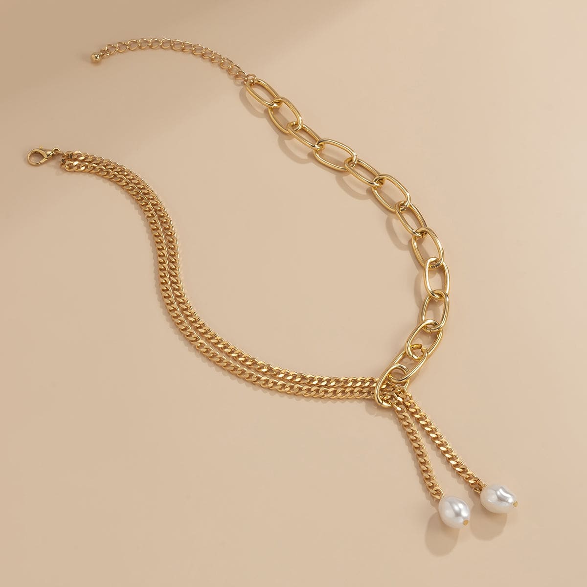 Pearl & Goldtone Asymmetrical Chain Lariat Necklace