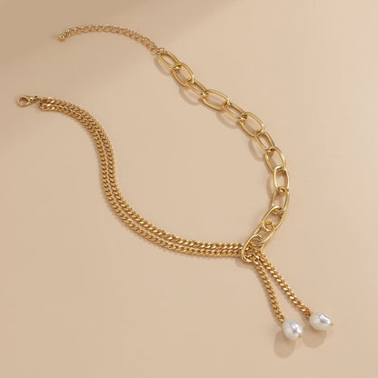 Pearl & Goldtone Asymmetrical Chain Lariat Necklace