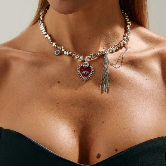 Red Enamel & Silvertone Beaded Chain Heart Tassel Necklace