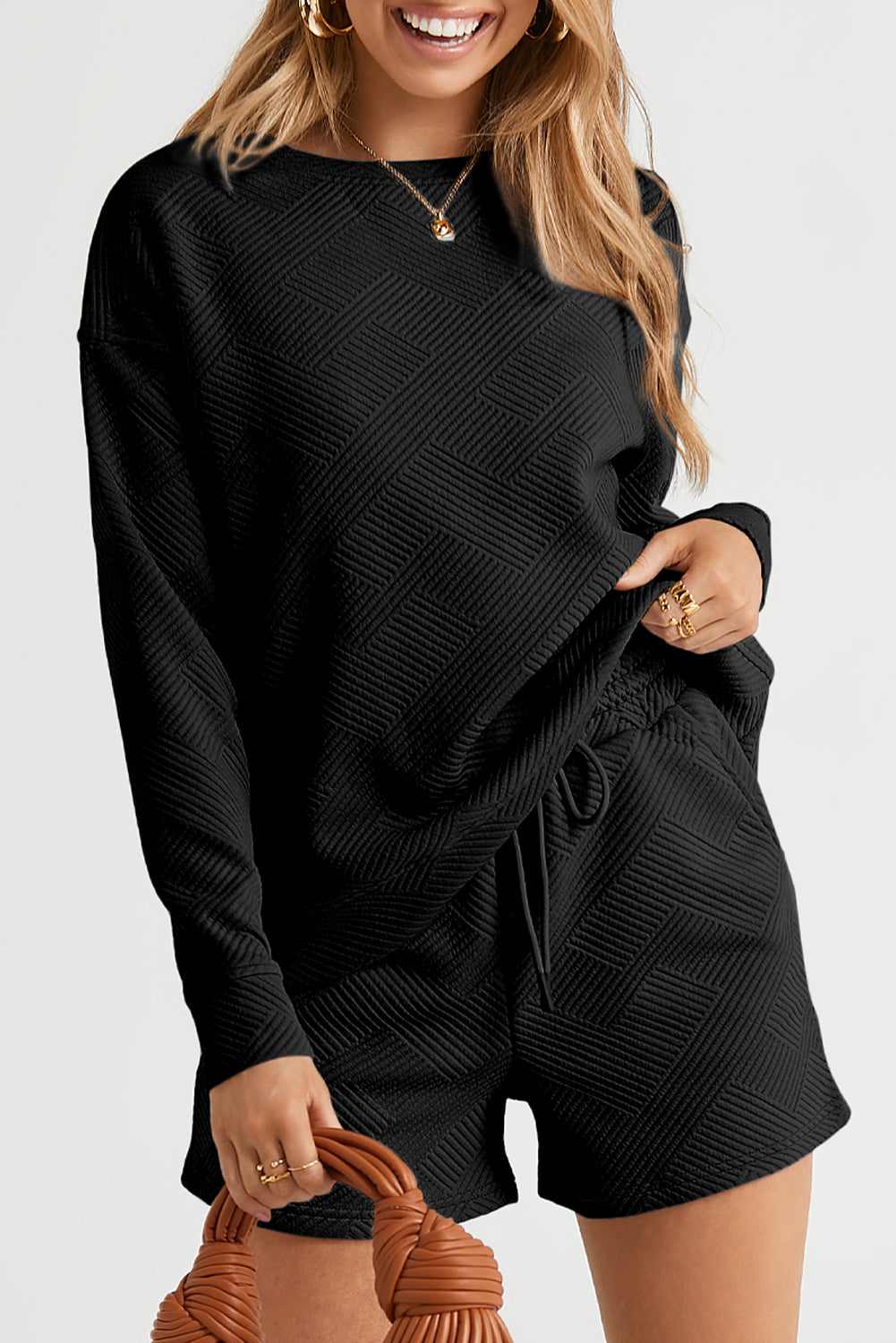 Adalyn Textured Long Sleeve Top and Drawstring Shorts Set - Black / M - 8/10