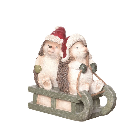 5.25 in Multicolor Christmas Hedgehogs on Sled Figurine Decorative Polyresin Holiday Decor