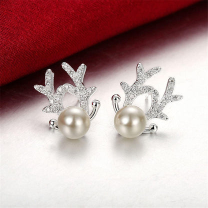 Pearl & Cubic Zirconia Silvertone Antler Stud Earrings
