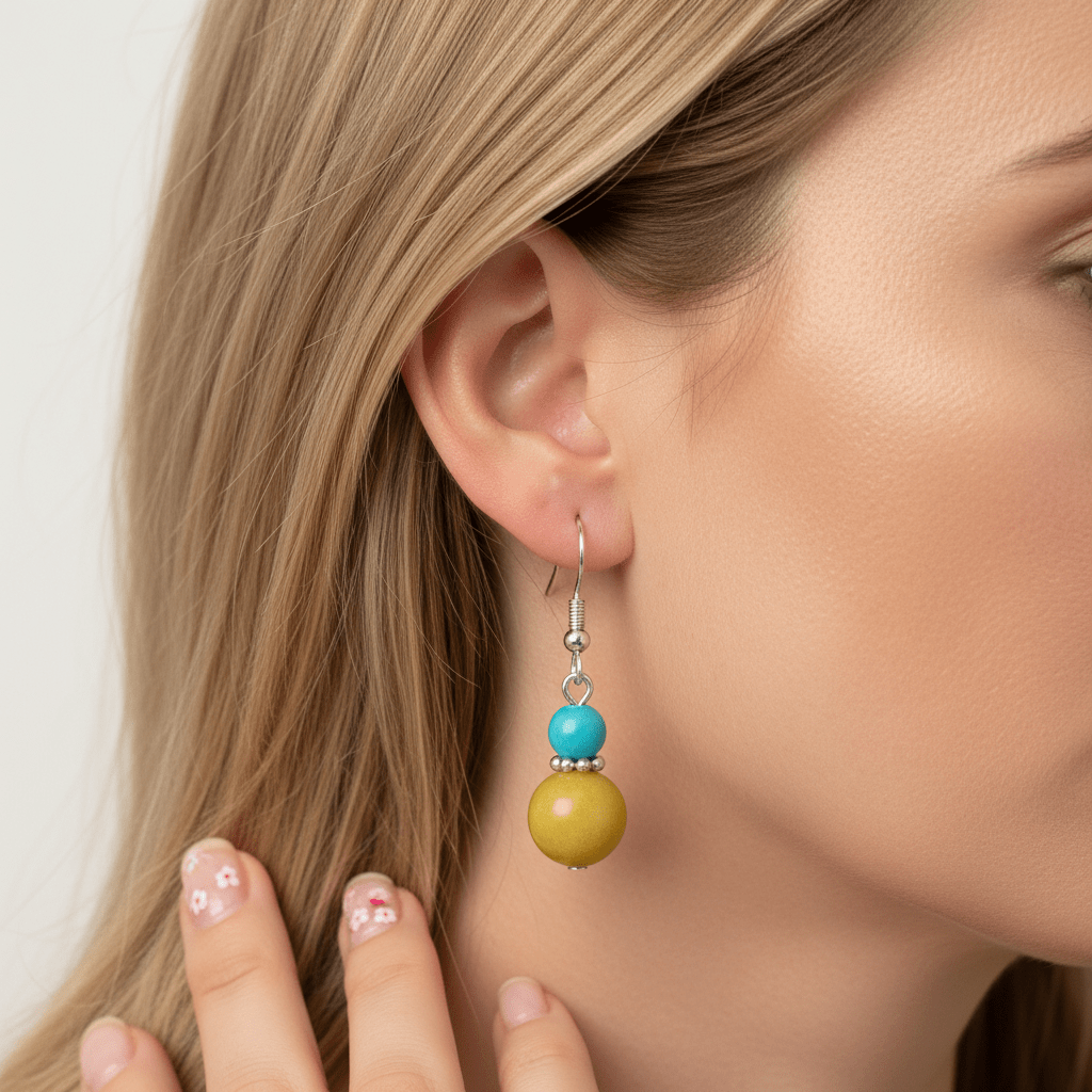 Blue & Yellow Jade Silvertone ‌Gourd-Shape Hook Earrings