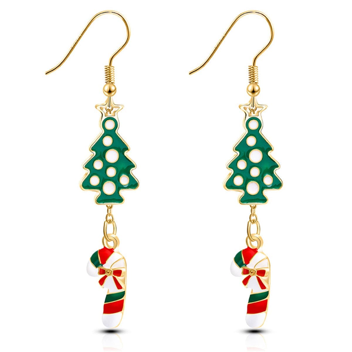 Green Enamel & Goldtone Christmas Tree Candy Cane Drop Earrings