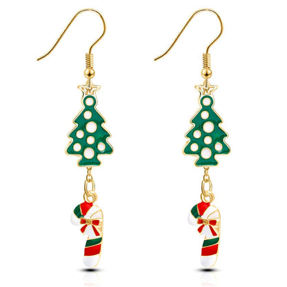 Green Enamel & Goldtone Christmas Tree Candy Cane Drop Earrings