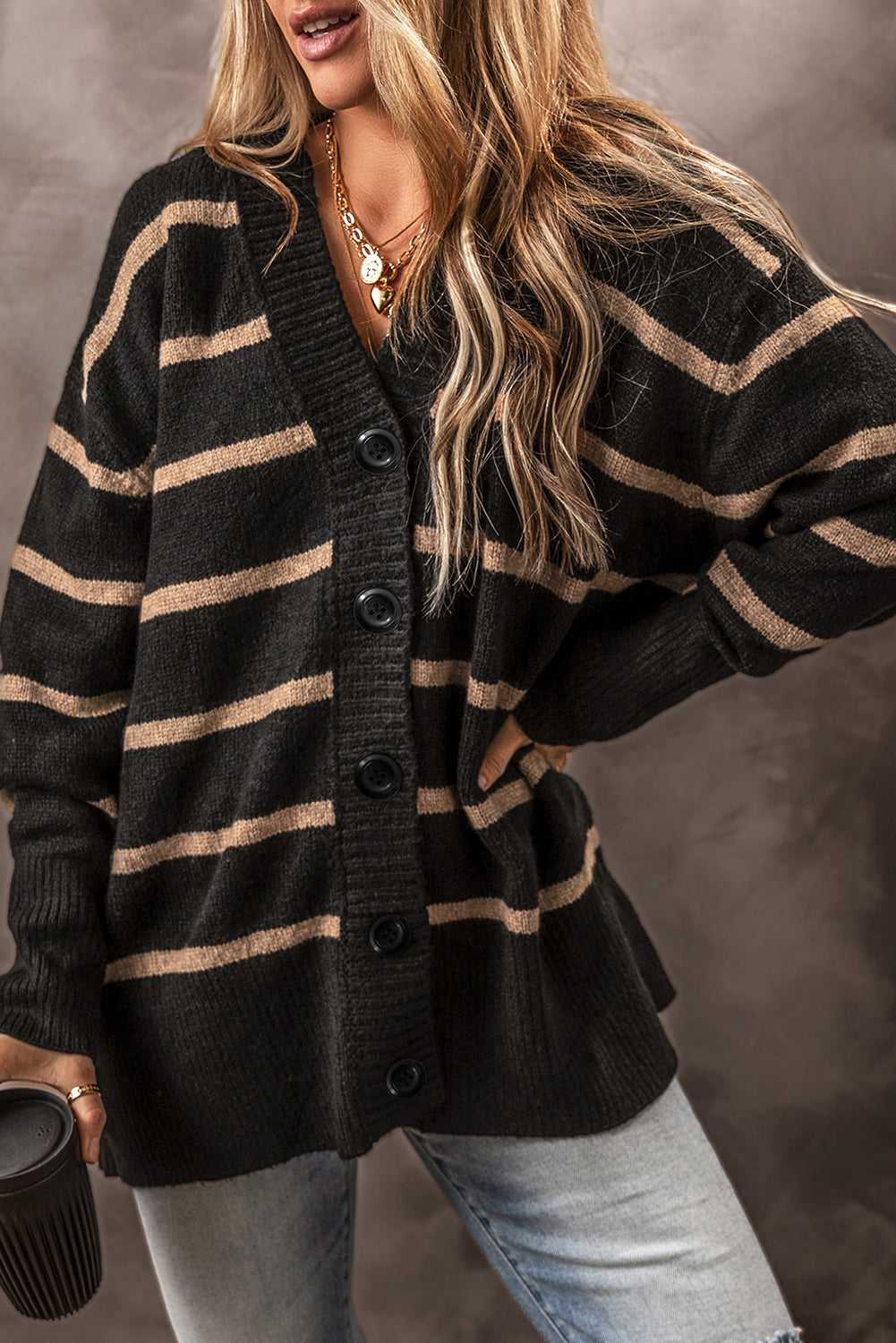 Emakira Drop Shoulder Loose Cardigan - Black Stripe / 2XL - 20/22