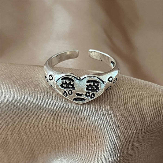 Silvertone Crying Heart Open Band Ring