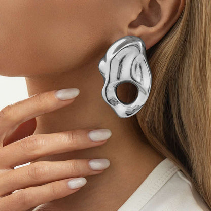 Silvertone Hammered Open Uneven Drop Statement Stud Earrings