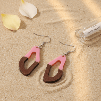 Pink Resin & Wood Silvertone Irregular Teardrop Hook Earrings