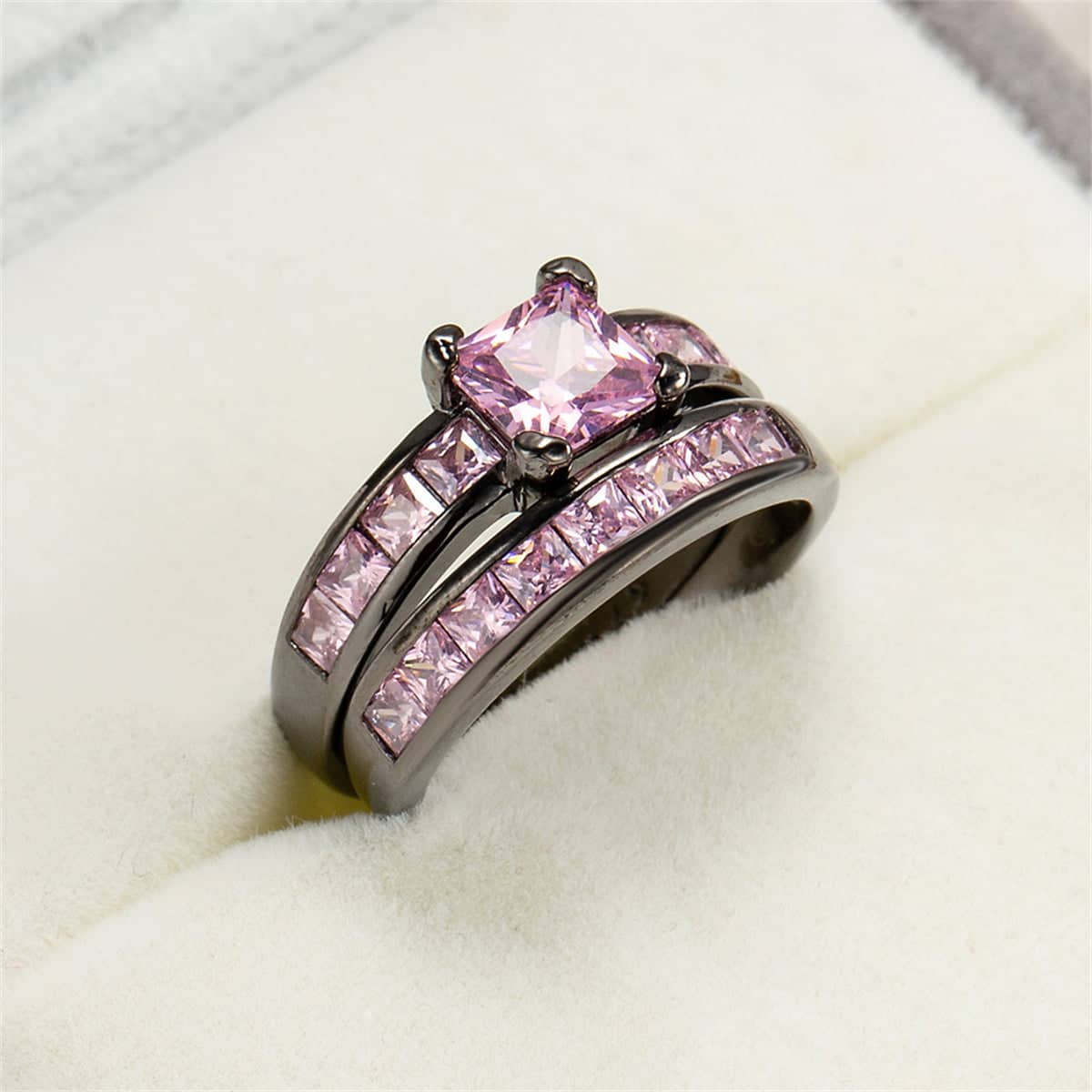 Pink Crystal & Black Stacking Ring Set-6