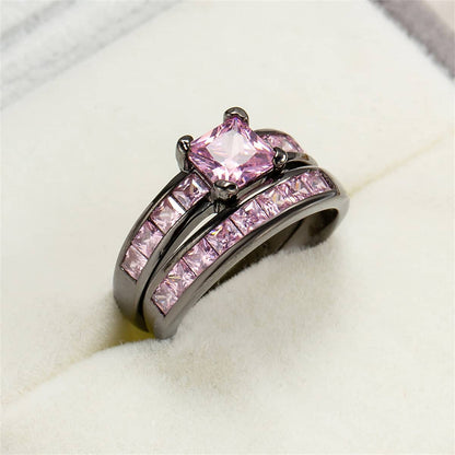 Pink Crystal & Black Stacking Ring Set-6