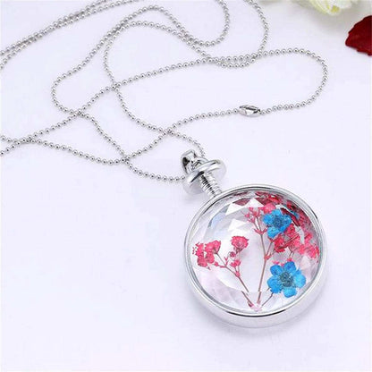Purple & Red Pressed Peach Flower Round Pendant Necklace