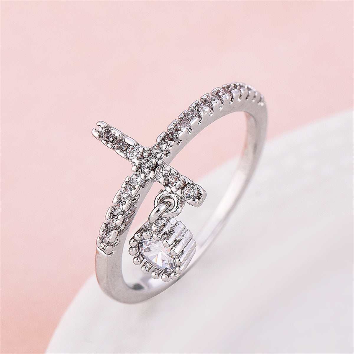 Crystal & Cubic Zirconia Silvertone Charm Cross Ring-1